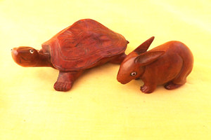 TORTOISE AND HARE WOOD CARVINGS - NETSUKE