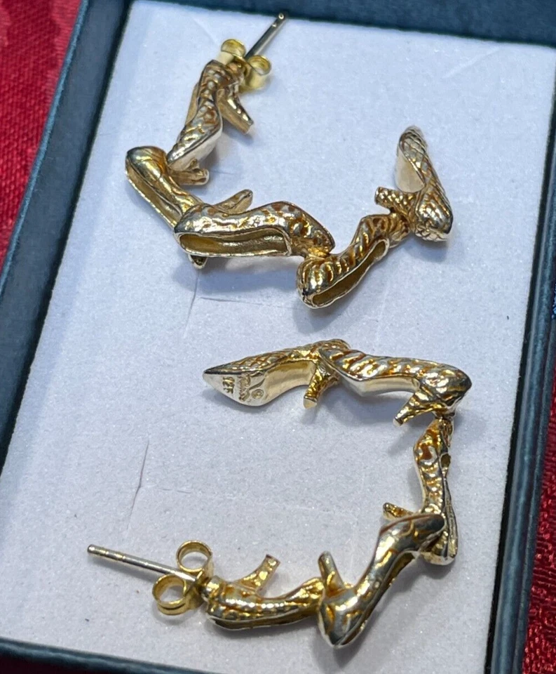 Brincos vintage raros de prata esterlina 925 ouro 18K lavagem chuva salto alto aro J - Imagem 4 de 4