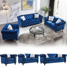 1+2+3 Seat Velvet Sofa Set w/ 5 Pillows Armchair Couch Loveseat Living Room Blue