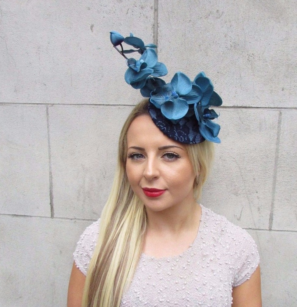 Navy Teal Blue Orchid Flower Fascinator Hat Hair Clip Races