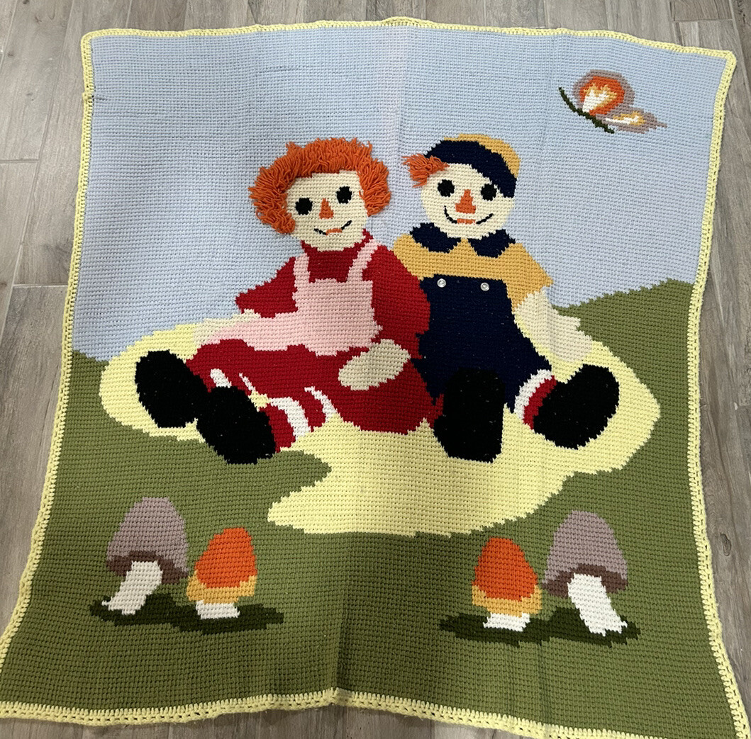 Raggedy Ann & Andy ブランケット ケース付き Vintage Handmade Crocheted 3D Raggedy Ann And Andy Blanket 56