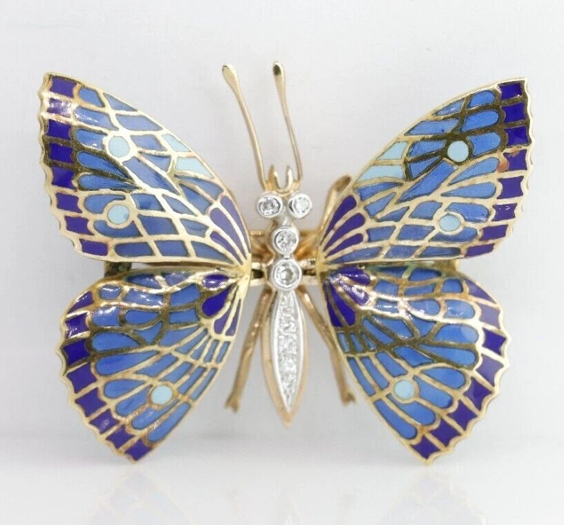 18k Gold Plique A Jour Multi Color Enamel Butterfly Brooch Movable