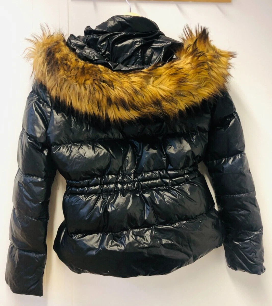 black shiny coat with fur hood zara