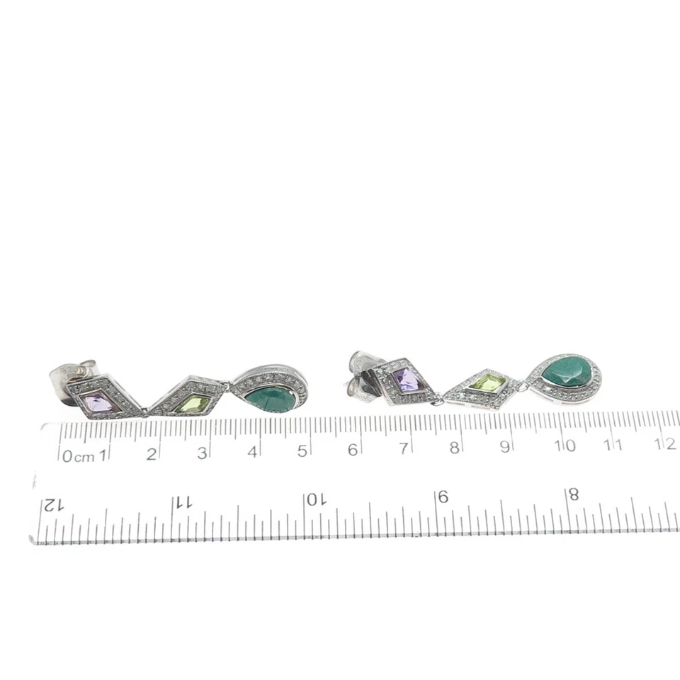 925 Sterling Silver Real Diamond Emerald Amethyst & Peridot Dangle Earrings - Image 3 of 4