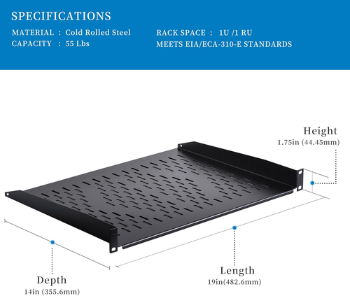 1U Cantilever Universal Rack Shelf - 14In Deep – Rackmount Shelf for 19’’ Av/Net - Afbeelding 2 van 6