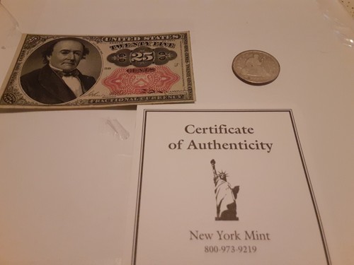Fractional Currency 25c 1874 Seated Liberty 25c 1853 New York Mint COA - Picture 2 of 6