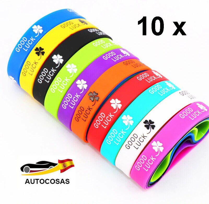 Conjunto 10 pulseras de silicona GOOD LUCK trébol de cuatro hojas multicolores