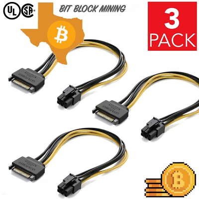 3 PACK 8'' Inch SATA 15-Pin to 6-Pin PCI Express Card Power Adapter Cable Mining