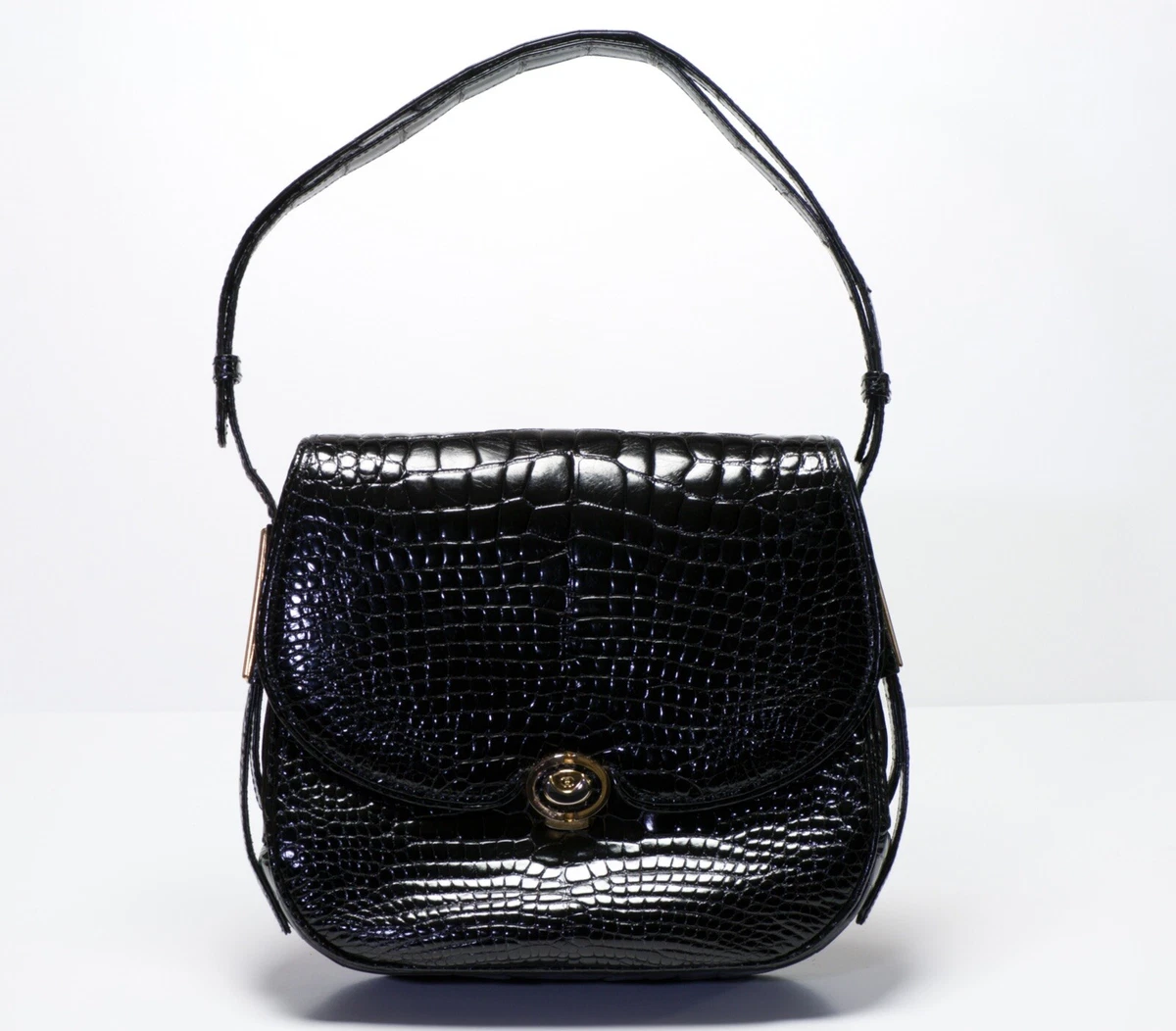 Schitz Paris Rare Black Crocodile Handbag with Gold Hardware 1953.