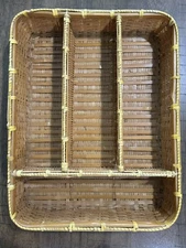 Rattan Flatware Tray Kitchen Utensil Drawer Organizer Wicker Serving Basket EUC!