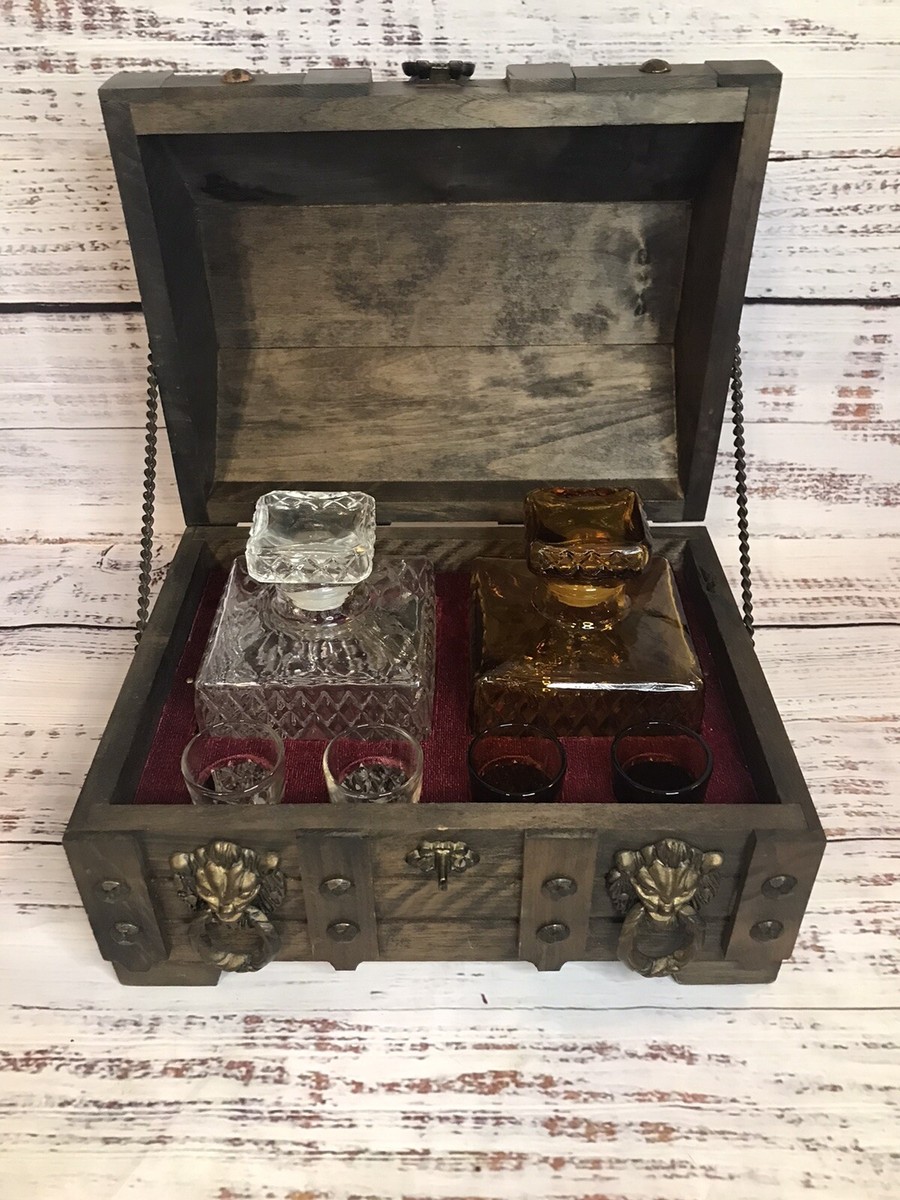 VTG Medieval Japan Treasure Chest Liquor Decanters Shot Glasses