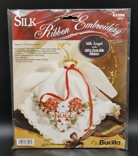 Silk Ribbon Embroidery Kit Handkerchief NOEL Angel Kit #83298  6" x 6" BUCILLA 