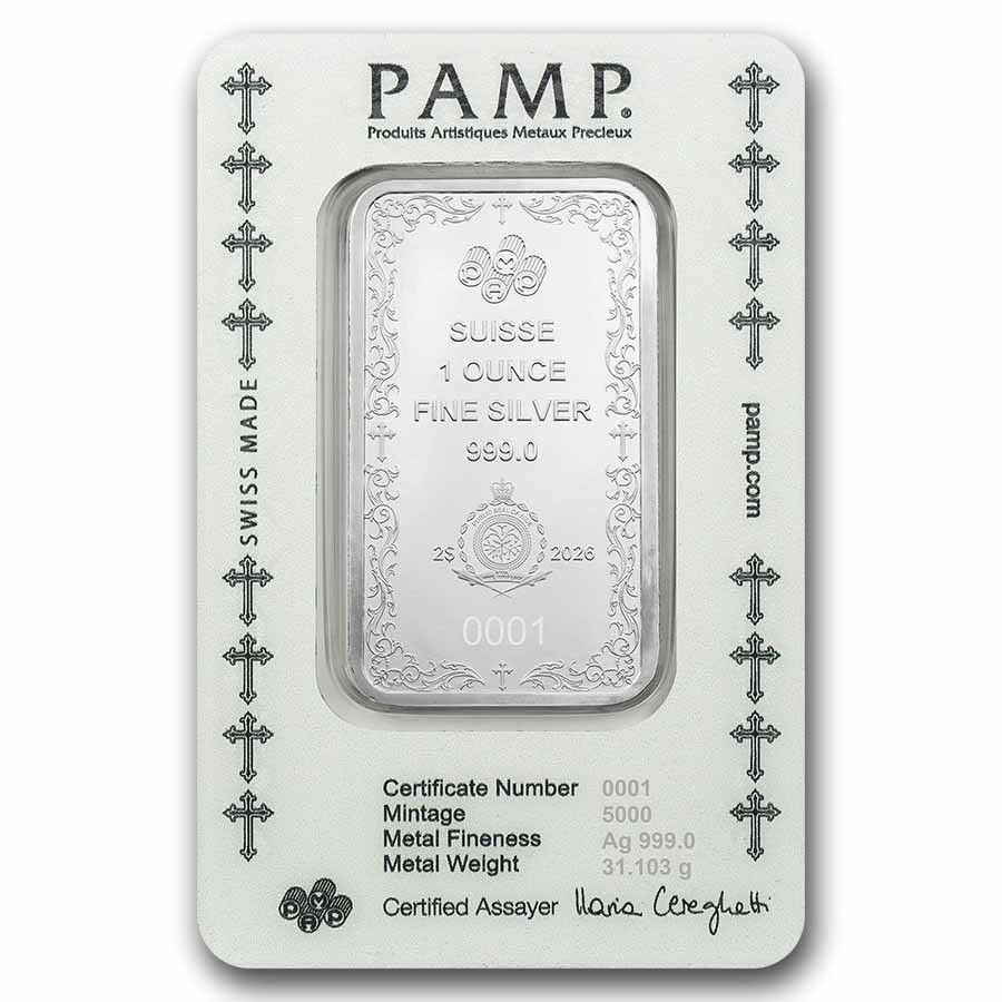 PAMP Suisse Cross of Christianity 1 oz Silver Bar - In Assay w