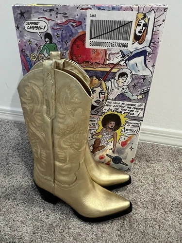 Jeffrey Campbell Dagget Gold Leather Cowboy Boots   Size 7.5