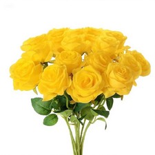 Yellow Roses Artificial Flowers 15 PCS, Fake Roses Silk Flowers with Long Stems