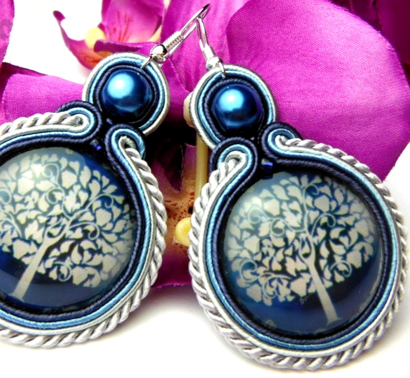 ✨New TREE OF LIFE Blue & Silver Soutache Beads Cabochon Cameo Earrings Handmade