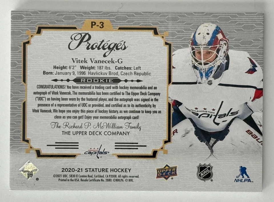 2020-21 Upper Deck Stature Proteges Auto Patch Vitek Vanecek RC P-3 /24 - Image 2 of 2