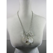 Mother of Pearl Glass Bead Silver Tone Chain Necklace 24" Boho Whimsical Elegant