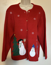 CROFT  BARROW Women L Red Cardigan Sweater Button Christmas Snowmen Snowflakes