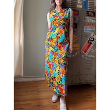 Vintage 60s Floral Maxi Dress Psychedelic Floral Print Sleeveless Size M