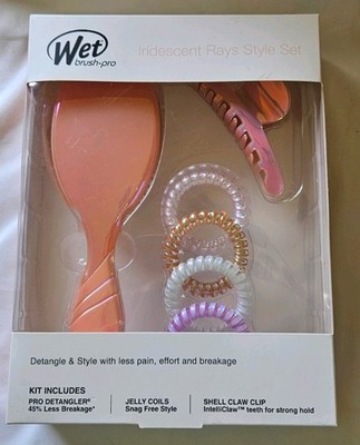 Wet Brush Pro Iridesecent Rays Set Detangler Pink Holographic Claw Clip Jelly 
