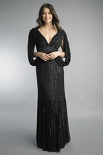 Beaded V-Neck Column Gown with Sash