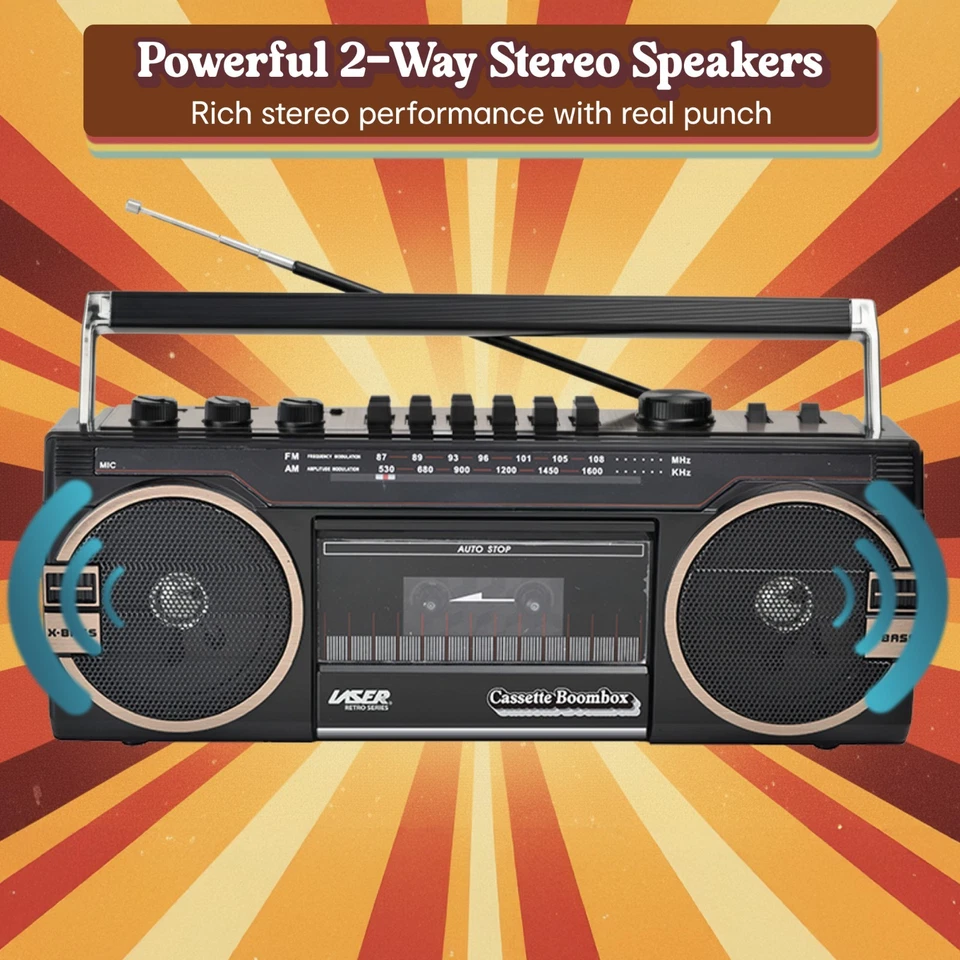 Laser Retro Cassette Boombox Bluetooth AM FM Radio Stereo Black - Image 3 of 4