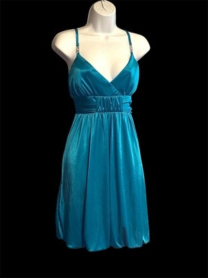 BCX Teal/Aqua Dress V Neck Spaghetti Strap Rhinestone L