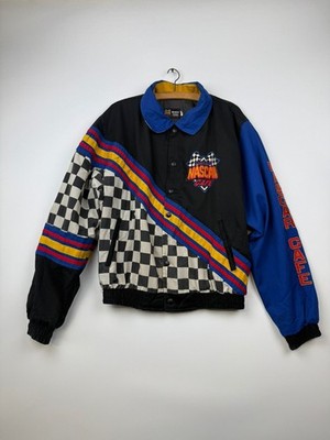 Vintage NASCAR Cafe Racing Jacket Black Blue Checkerboard Embroidered 90s/00s