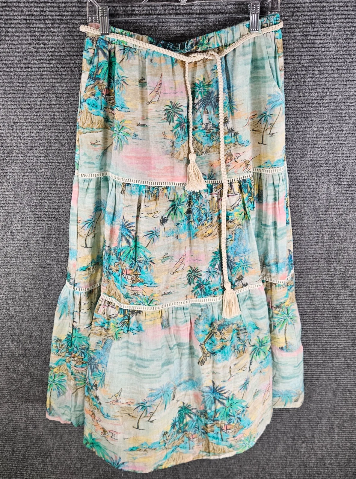 C&C California Womens Small Maxi skirt Linen Scenic Landscape Coastal tiered NEW