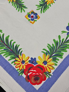 Printed Tablecloth Floral Red Yellow Flowers Blue Border 68" x 54" Vintage 1950s