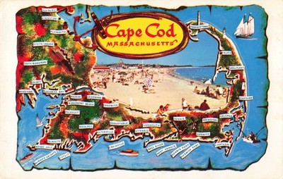 Cape Cod Massachusetts, Map Beach Landmarks Attractions, Vintage Postcard