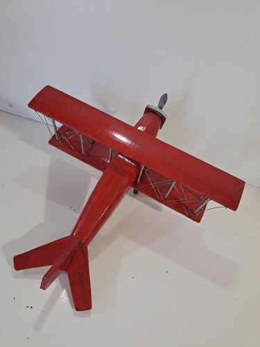 Large Wooden Model Propeller Bi Plane Airplane Red & Silver - Picture 6 of 8