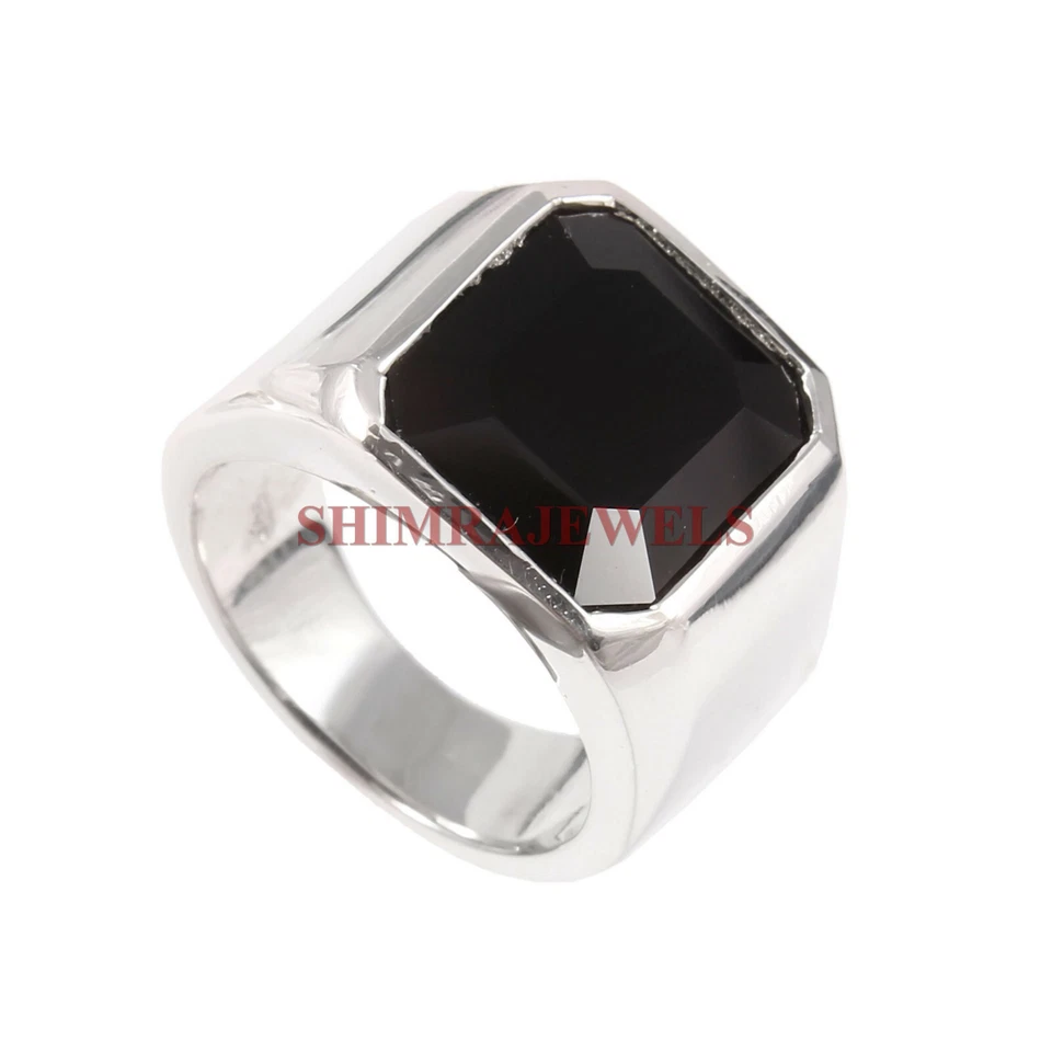 Natürlich Schwarzer Onyx Edelstein Mit 18K Weiß Vergoldet Silberring für Männer - Bild 2 von 3