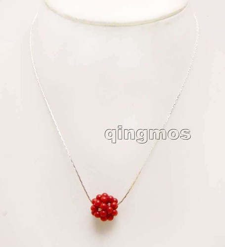 15-20mm Red Coral Handwork Weaving Round Ball 17'' Pendant Necklace for women - Picture 3 of 11