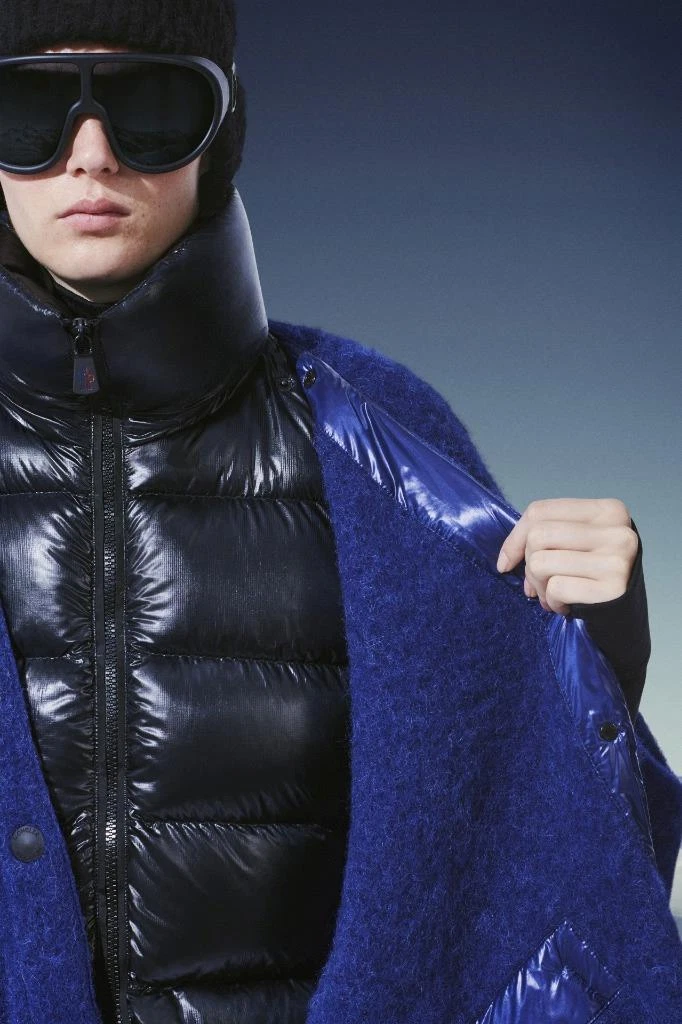 NUOVO CAPPOTTO PONCHO MONCLER BLU NERO LANA MOHAIR PIUMA D'OCA TAGLIA UNICA