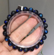 6-14mm Natural Black Labradorite Blue Light Gems Round Beads Women Bracelet AAAA