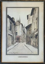 Antique 1926 Jacques Weismann Hand Colored Paris Etching Under Glass Framed 16”H