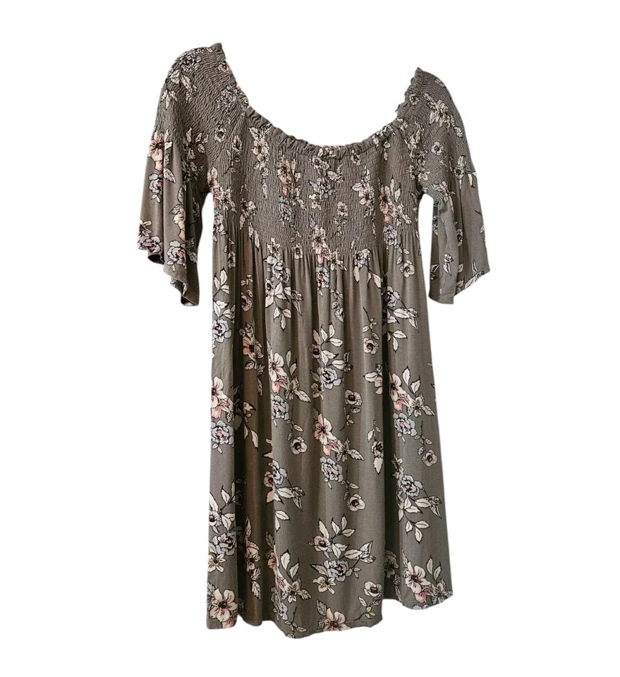 Vestido túnica Rewind Junior LG gris floral calado mangas cortas campana fuera del hombro Foto 2 de 4