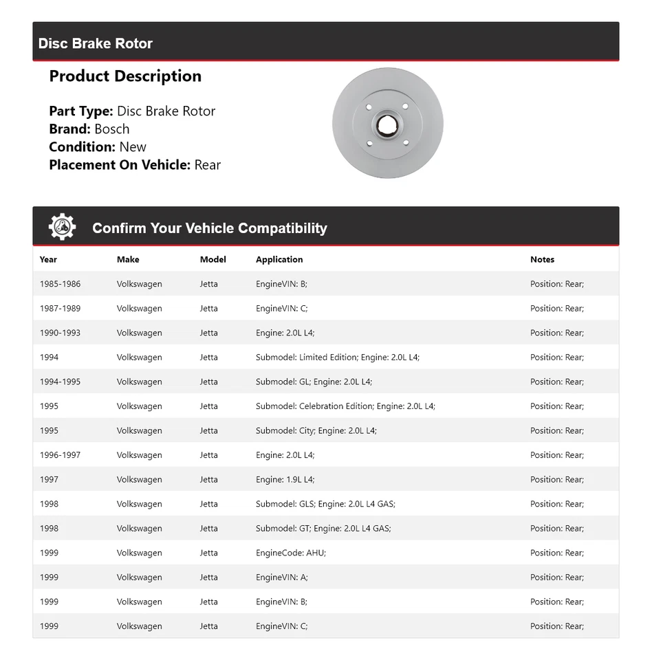 Para 1985-1999 Volkswagen Jetta Bosch QuietCast rotor de freio a disco traseiro 1986 1987 - Imagem 2 de 4