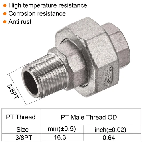 Pipe Fitting Union 3/8PT Male x G3/8 Female Thread 304 Stainless Steel Silver US - Picture 4 of 5