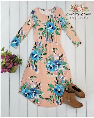 Dear To Me Floral Print Midi Dress with 3/4 Sleeves and Pockets in Blush