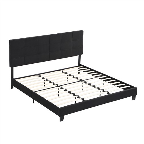 King Size Upholstered Platform Bed Frame with Upholstered Headboard Black US - Picture 4 of 14