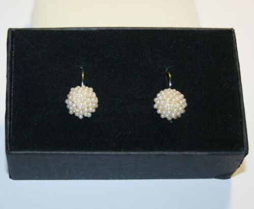 Created White Pearl Cluster Leverback Drop Earrings 14k Yellow Gold over Base - Picture 1 of 9