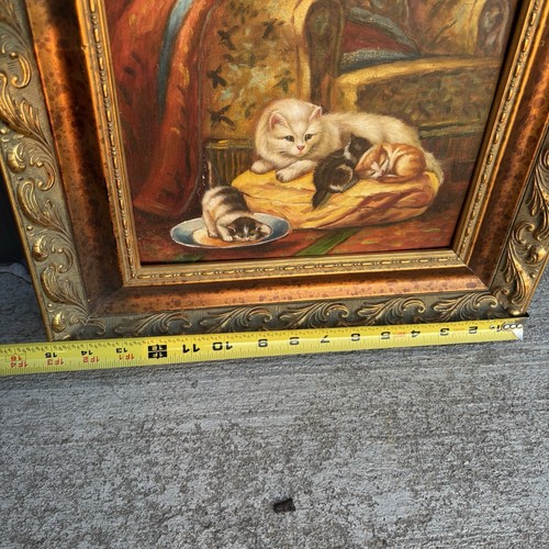 Verspielte Kätzchen Katzen - verziertes gerahmtes Vintage Ölgemälde 8x10 Rahmen 13x15 - Bild 7 von 9