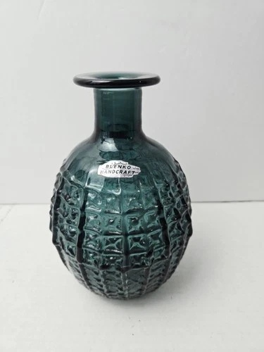 Blenko Art Glass vase blue 7 1/2" square pattern decanter ? no top