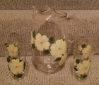 Vintage Federal Glass Iced Tea Pitcher w Lip & 4 Tumblers Hand Painted Flowers