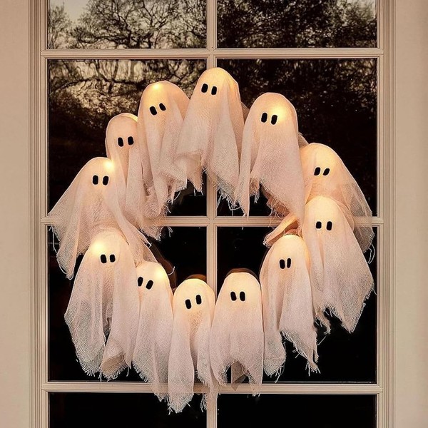 Halloween TüRkranz LED Licht Geister Ø 35 Cm Batteriebetrieben Deko FüR TüR-image