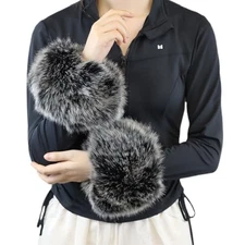  Winter Women Fuzzy Arm Warmers Girls Faux Fur Short Wrist Medium Black-gray