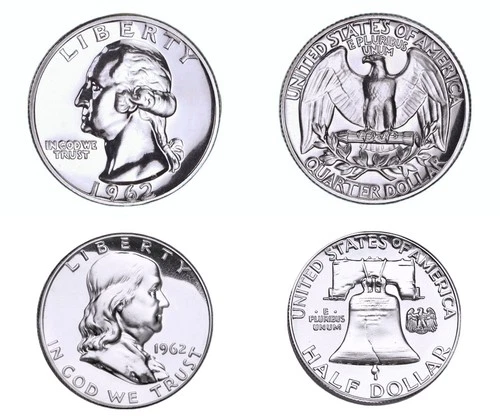 1962 GEM-PROOF FRANKLIN & WASHINGTON SILVER HALF & QUARTER DOLLAR'S GEM-PR++++